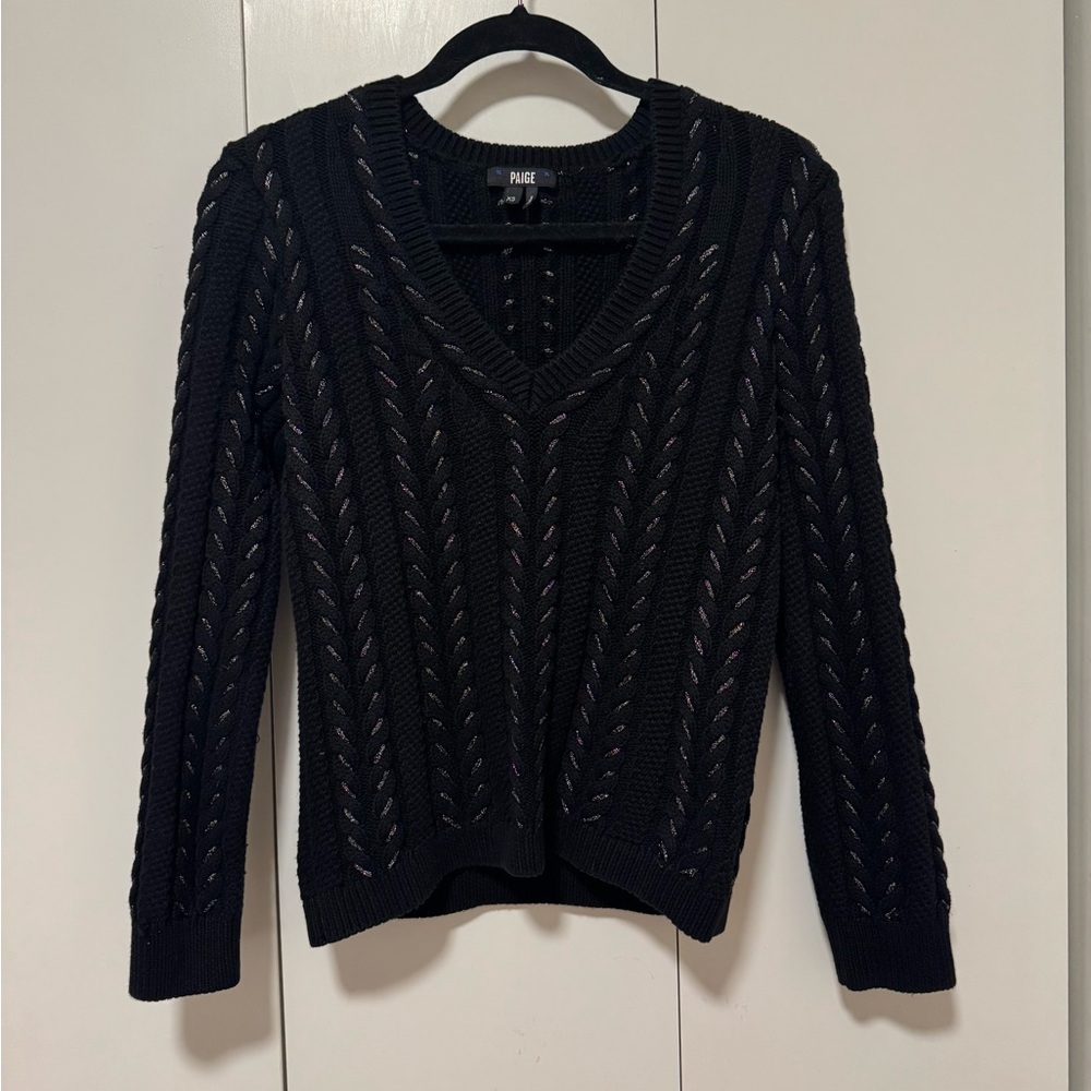 PAIGE Black V-Neck Open Cable Knit Sweater